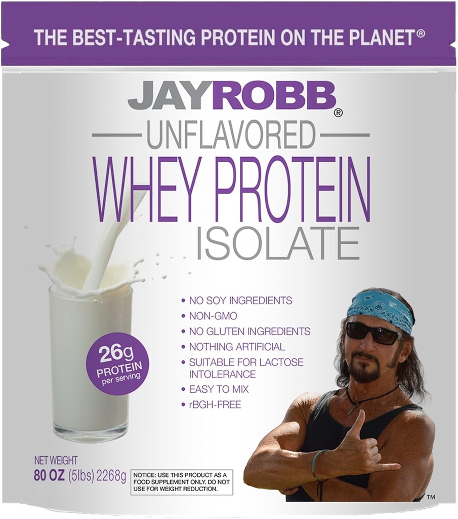 Jay Robb Whey Isolate Protéines poudre, faible teneur en glucides, kéto, végétarien, sans gluten, sans lactose, sans sucre ajouté, sans gras, sans soja, rien d'artificiel, non-OGM, meilleure dégustation (5 livres, sans aromatisation)