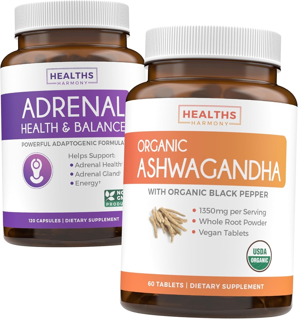 Adrenal & Ashwagandha (1-Monat-Versorgung) Calm & Energize Bundle - Adrenal-Unterstützung mit L-Tyrosin (120 Kapseln) & USDA Organic Ashwagandha 1350mg Ashwagandha Root Powder per Serve (60 Kapseln)