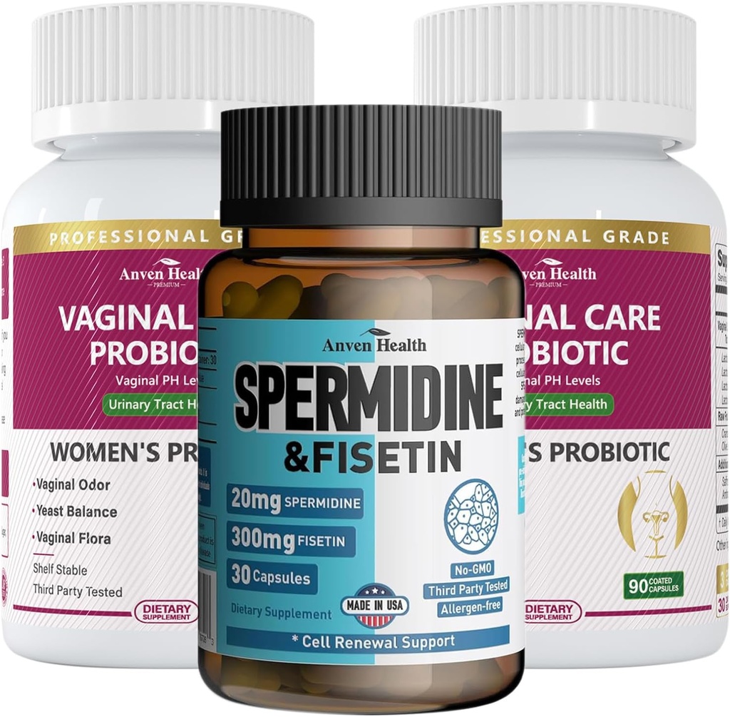 Frauengesundheit Bundle: 2 Flaschen Vaginal Probiotics + 1 Flasche Spermidin & Fisetin – Vaginal, Gut & Immune Gesundheit + Cellular Renewal & Anti-Aging Support