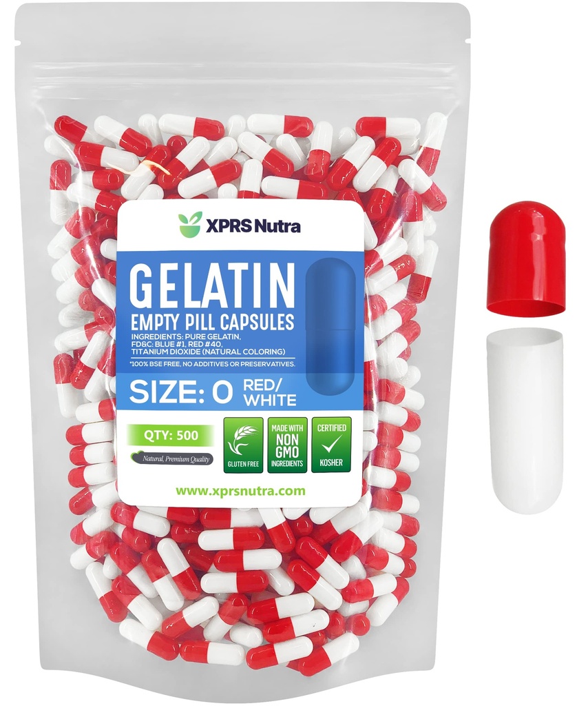 XPRS Nutra Size 0 Empty Capsules - 500 Count Empty Gelatin Capsules - Pills DIY Capsule Filling - Pure Bovine Pill Gel Caps for Do-It-Yourself Supplements (Red/White)