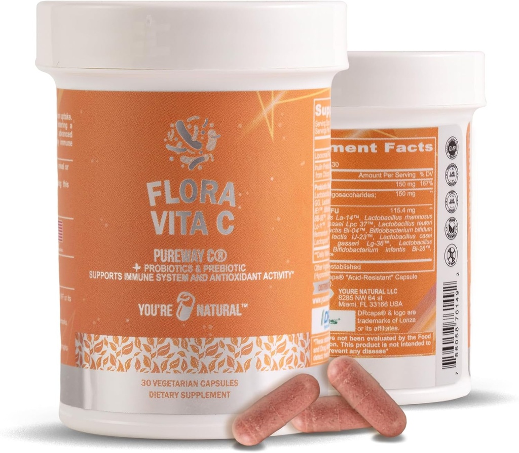 Flora Vita C Probiotic & Antioxidant, Liposomal Pureway C, Immununterstützung, Collagen Booster Plus Digestive & Gut-Unterstützung für Damen und Herren - Lactobacillus und 12 registrierte Probiotika - 30 Tage Versorgung