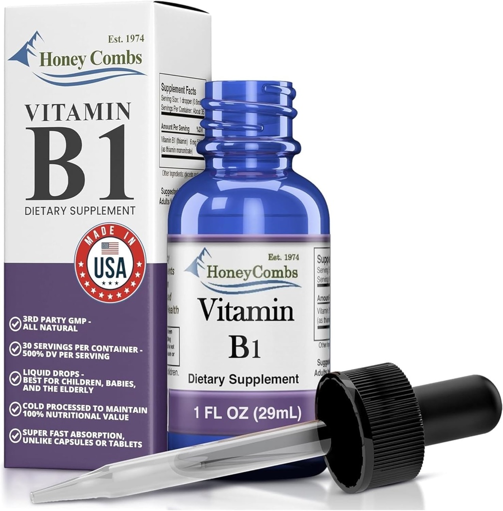 Vitamin B1 Thiamin Flüssige Tropfen - Made in USA - Natürliche hohe Potenz schnelle Absorption Thiamin B1 Ergänzung für Männer, Frauen und Kinder - Vegan Formel - Masse Größen auch verfügbar