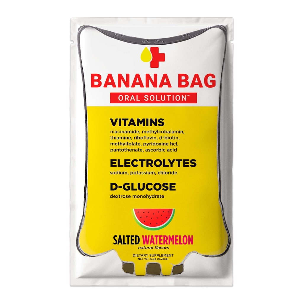Banana Tasche Oral Lösungspakete – Gesalzene Wassermelone 15pk | Eine erfrischende Mischung aus Elektrolyten, Vitamin C und B-Komplex für Hydration und Energie. Günstig, einfach zu Mix und perfekt für den täglichen Gebrauch.