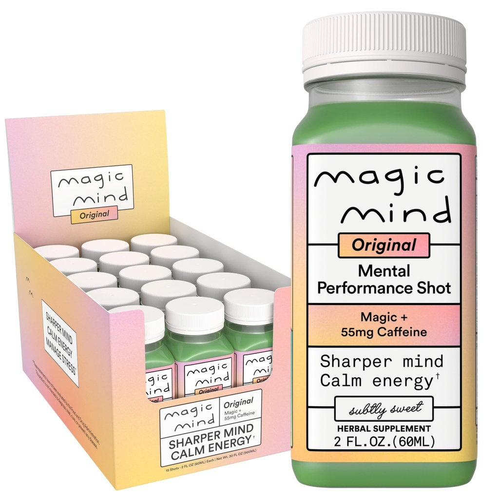 Magic Mind Energy and Focus Drink Shots - Stress-Relieving, No Jitters, Ashwagandha, Vitamin B12, Vitamin C, Matcha Green Tea, Functional Mushrooms - 2 FL Oz (15 Pack)