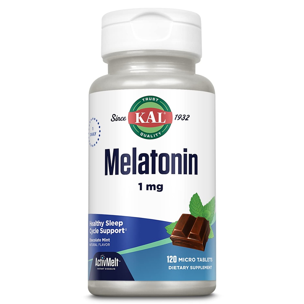 KAL Melatonin 1mg Aide au sommeil, supplément Melatonin soutient la détente calmante et un cycle de sommeil sain, rapide dissolution des ActivMelts, saveur de menthe de chocolat naturel, végétarien, 120 Serv, 120 Micro Tabs
