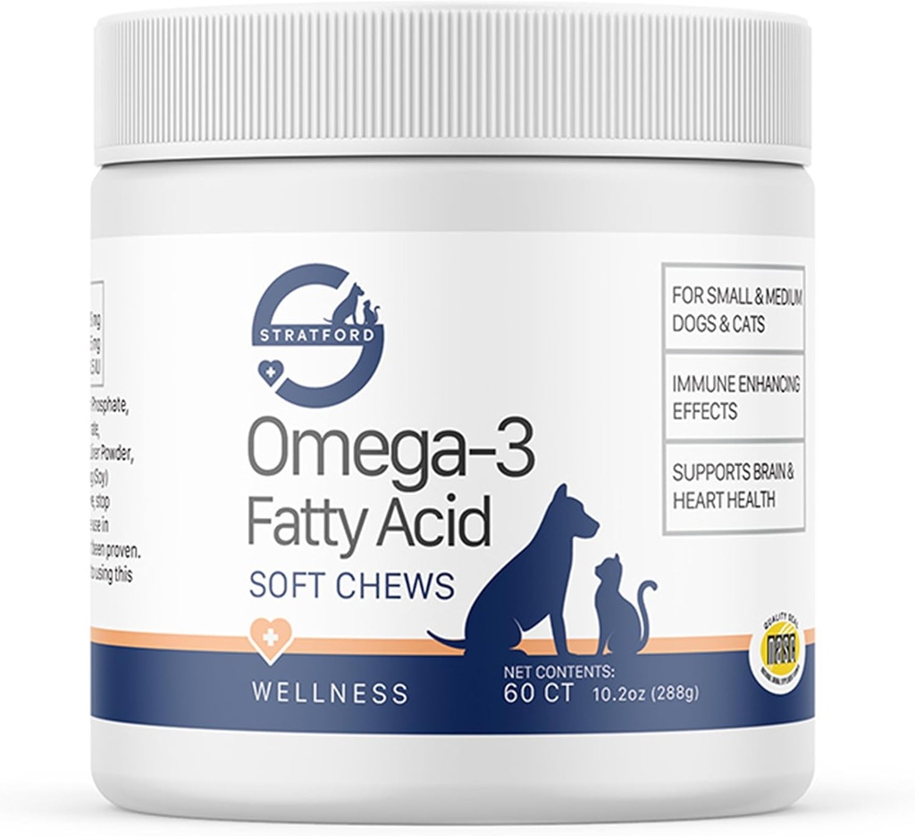 Stratford Pharmaceuticals EZ Chew Omega 3 Fettsäure Soft Chew Max Strength - Dog Omega 3 Supplement - Soft Chew Treats mit Fischöl für Hunde - Kleine und mittlere Hunde - 60 Soft Chews