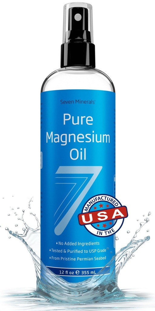 Seven Minerals Pure Magnesium Oil Spray, Big 12oz, USP Grade, Extra Strength, pour les pieds, le sommeil, la douleur musculaire et les crampes - Mined in the USA