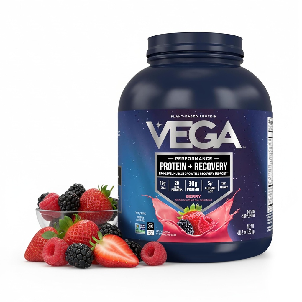 Vega Sport Vegan Protein Powder + Recovery - 30g Pflanzen basiertes Protein per Servieren, Berry, 45 Servierungen, 5g BCAAs, Probiotics, NSF zertifiziert, Für Shakes & Smoothies, 4.2lbs (Packaging May Vary)