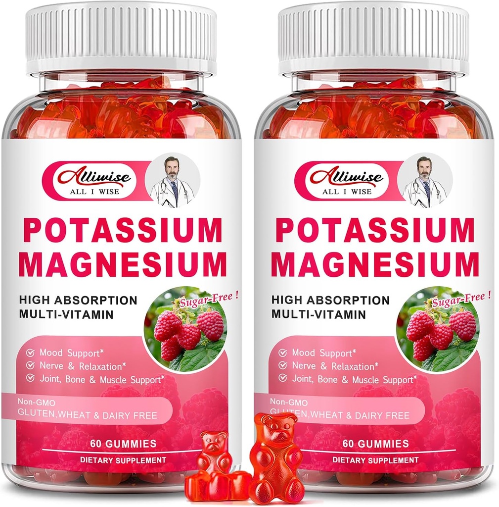 2 Pack Potassium Magnesium Supplement Gummies - Potassium Citrate & Magnesium Glycinate per Gambe & Muscolo, Mood & Relax, Energy Support with Vitamin B6, D3, C Raspberry Flavor