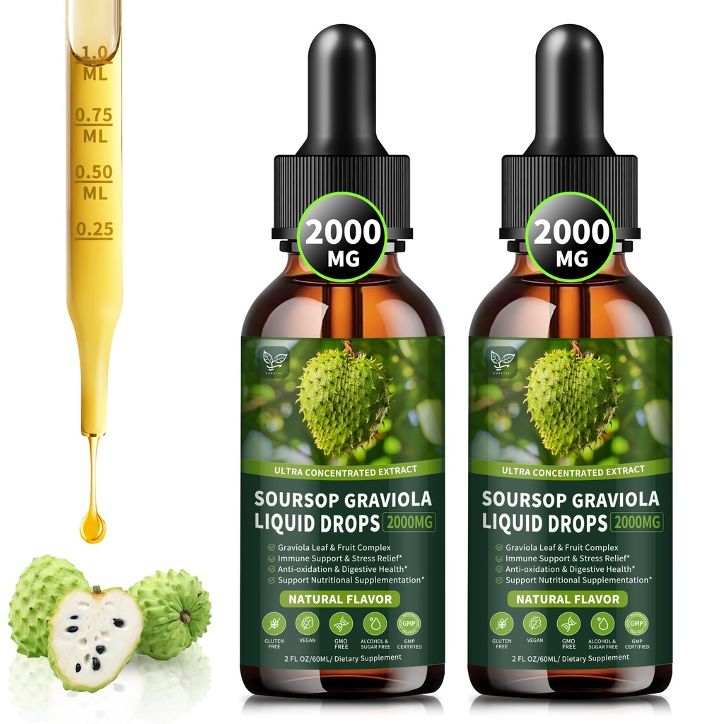 (2 Pack) Soursop Graviola Liquid Drops 2000mg, 98% Assorbimento per Cell Support & Regeneration, Immune Boost, Liver, Herbal Goodness, Soursop Bitters Liquid-Sugar/Gluten Free, Natural Flavor, 4 Fl Oz