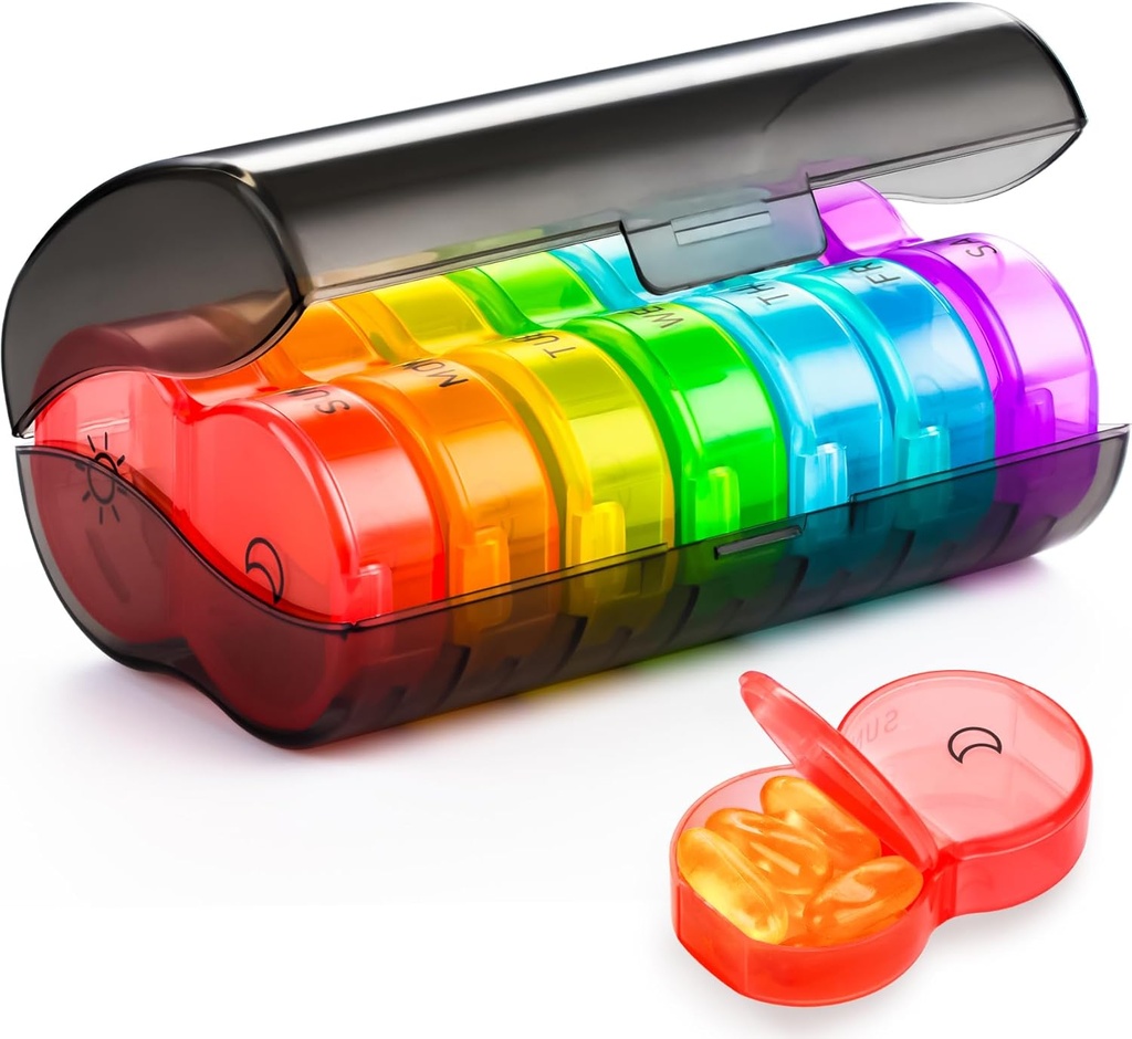 Organisateur de pilules Yaklim 2 fois par jour, boîte à pilules hebdomadaire AM PM, protection de la vie privée noire Organisateur quotidien de pilules avec grand étui sans pilule BPA pour la détention de vitamines, huiles de poisson, suppléments (Rainbow)
