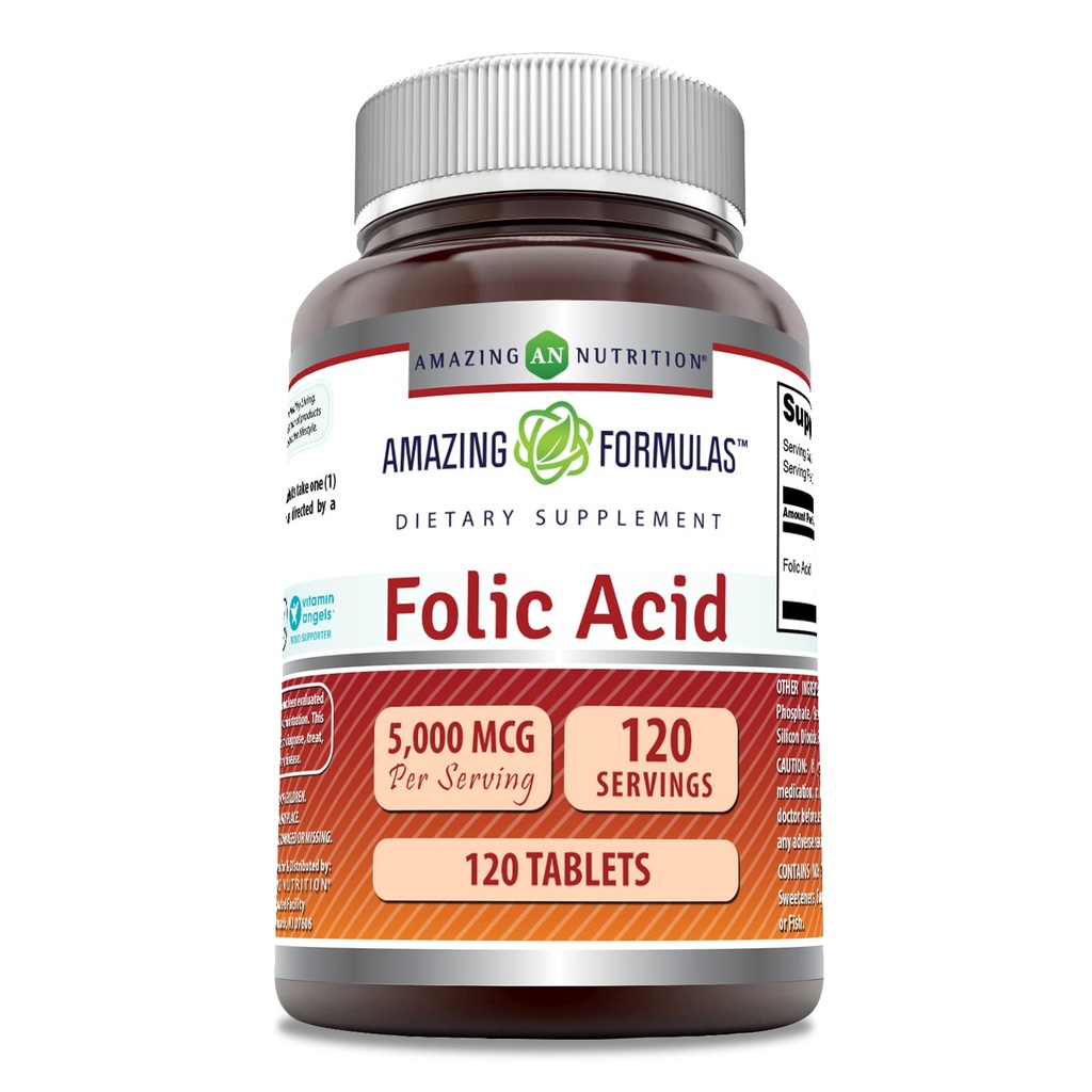 Erstaunliche Formeln Folsäure (Vitamin B9) Ergänzung | 5000 Mcg pro Portion | 120 Tabletten | Non-GMO | Gluten-Free | Made in USA