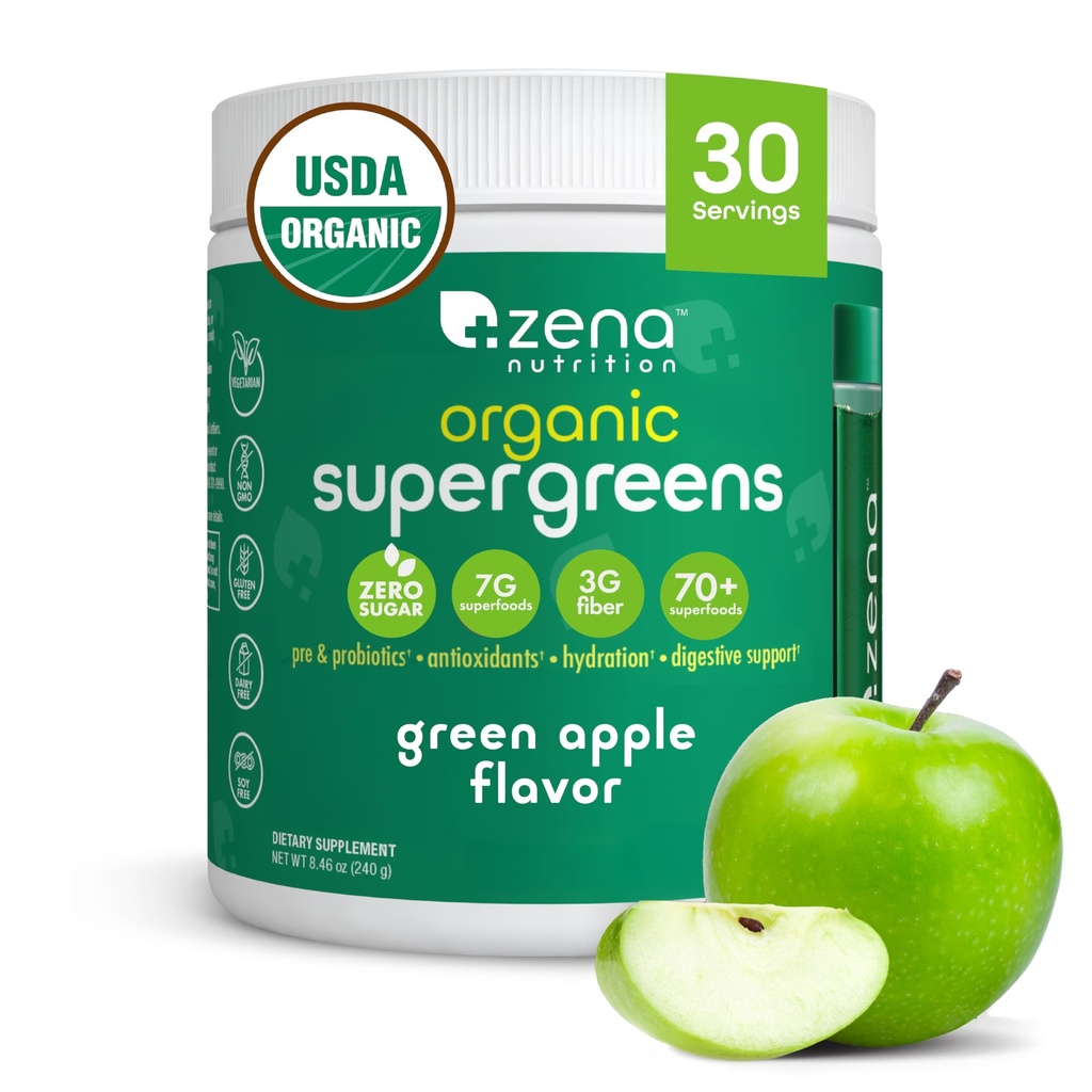 Zena Nutrition Organic Super Greens Powder, 70+ Superfoods, 0 Zucchero, Fibra 3G, Spirulina, Clorella, Funghi, Prebiotici/Probiotici, Enzimi Digestivi per la Salute Gut, Mela Verde, 30 Serve