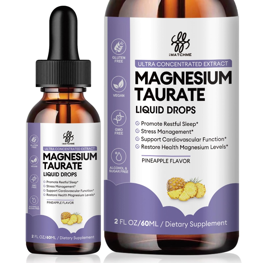 Taurat de magnésium goutte liquide pour la fonction musculaire, Nerve et le soutien de la santé cardiaque, supplément de magnésium haute absorption avec B6, CoQ10, végétalien, non-OGM, sans gluten / sucre ananas aromatisé, 2 Fl Oz