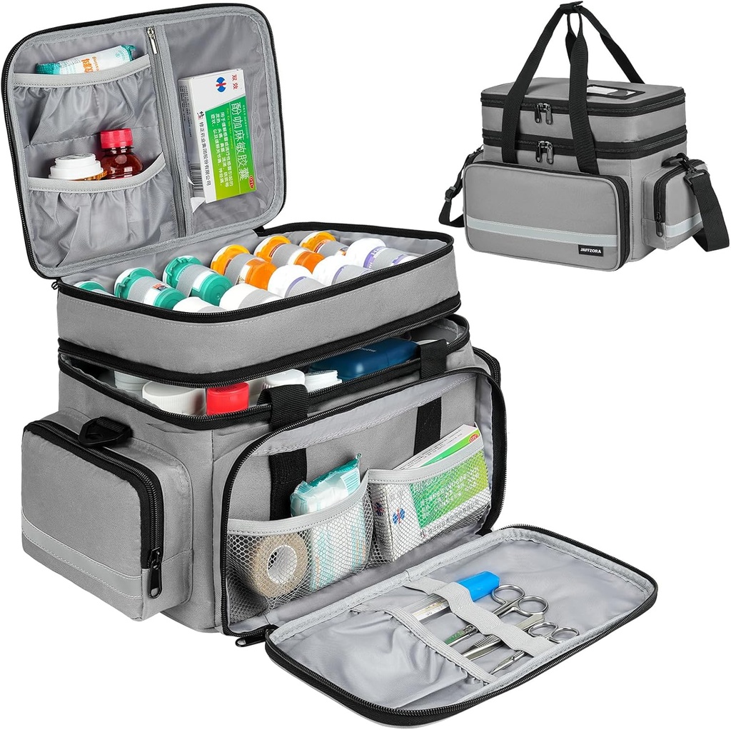 Grand organisateur de bouteille de pilule, double couche Sac de stockage de la médecine avec fermeture éclair et bandoulière verrouillable, Sac de voyage de médicaments pour bouteilles d'ordonnance, vitamines et fournitures médicales, gris (Bag seulement)