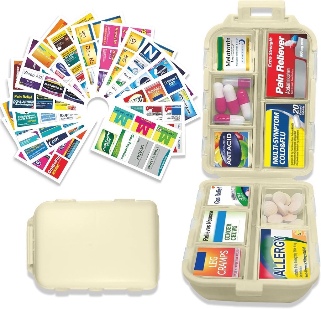 Pill Organizer mit Medizin Etiketten 146 Etiketten Travel Daily Pill Container Mini Medication Organizer Aufbewahrung Pill Organizer Reisen Essentials Pill Case 7 Day (Beige, 1 Pack(Large)))