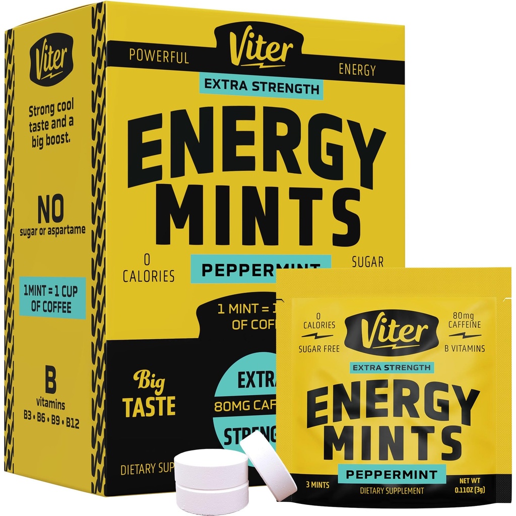 Viter Energy Caféine Menthes 80mg Extra Strength - 90 Pièces Caféiné avec des vitamines B. Booster de focale nootropique pour une alerte rapide (Peppermint Flavor, 30 Pack)