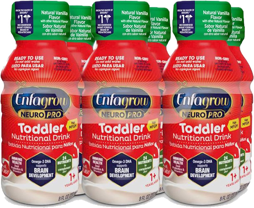 Enfagrow NeuroPro Toddler Bevanda nutrizionale, Vanilla Flavor, Omega-3 DHA per il supporto cerebrale, Prebiotici e vitamine per la salute immunitaria, Bottiglie pronto all'uso, 8 Fl Oz, 6 Conte