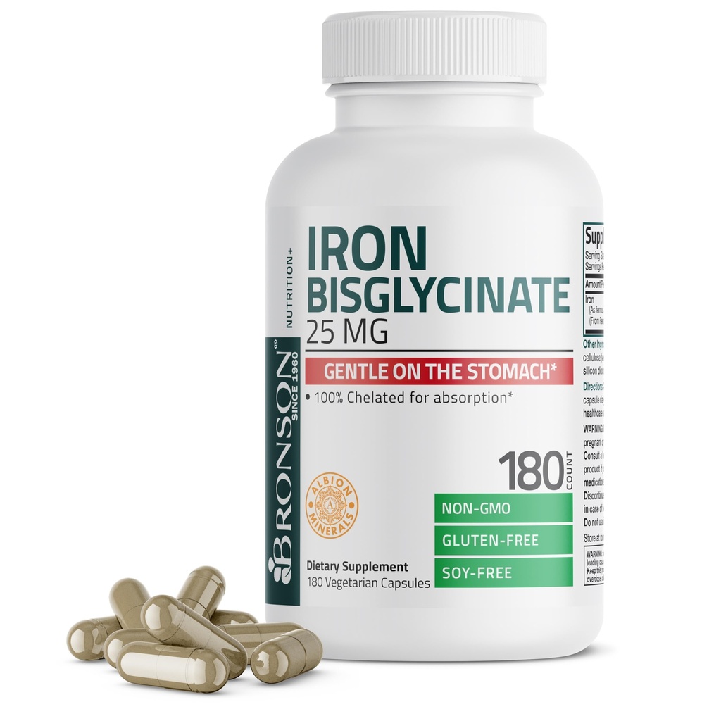 Bronson Eisen Bisglycinat 25 mg Gentle on The Stomach, unterstützt Energie & Gesunde rote Blutzellenproduktion - Non-Constipating Formula - Non GMO, 180 Vegetarische Kapseln