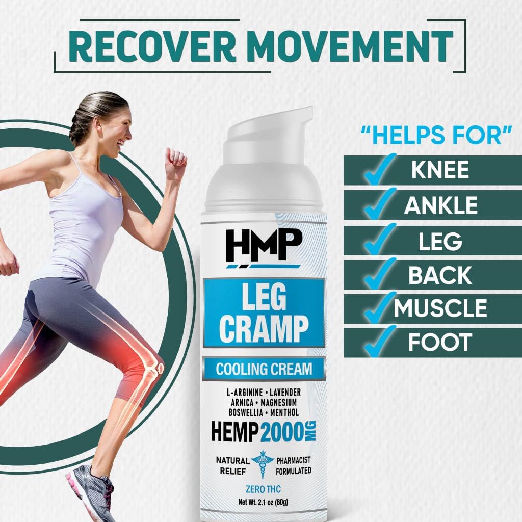 Leg Cramp Support 2000mg crema di canapa Rilievo di massima resistenza per gambe Calf, ginocchio, piede w Magnesio Arginina Lavender Menthol Made in USA Natural Formula 2.1oz