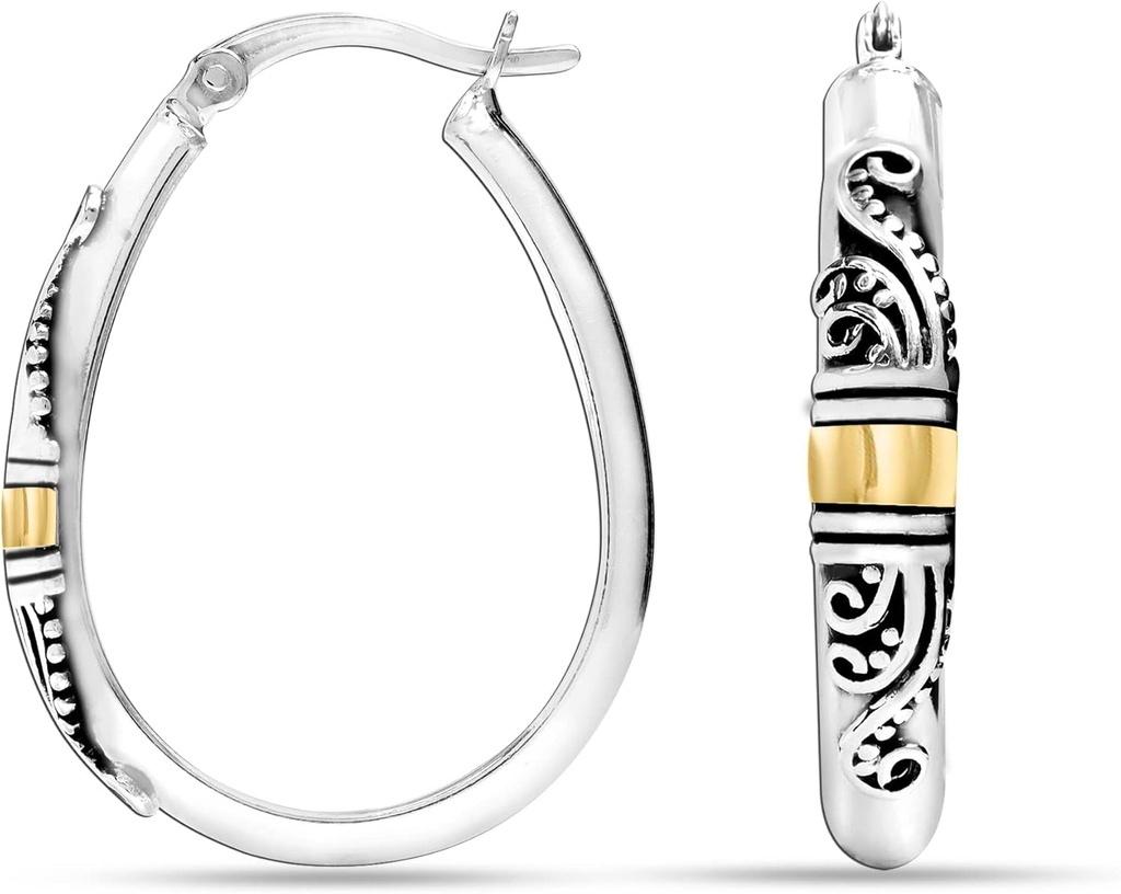 Boucles d'oreilles LeCalla 925 Argent Sterling Bali-Style Boucles d'oreilles Lightweight Click-Top Antique Boucles d'oreilles de style Bali italiennes à deux tons perlées pour femmes