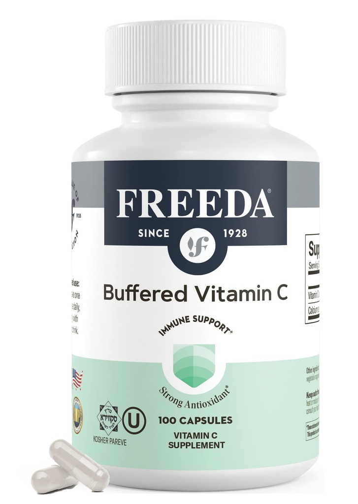 FREADA Vitamine buvée C 500mg – Ascorbate de calcium non acide – Support immunitaire et antioxydant – Casher, doux sur l'estomac – 100 Capsules