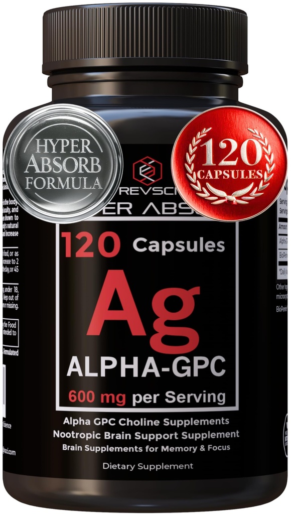 Alpha GPC Supplement & BioPerine per l'assorbimento iper-iper - 120 Count, Alpha-GPC 600mg per Serving - Nootropics for Memory, Focus, Energy, & Drive - Supplementi colina per aumentare l'acetilcolina, Made in USA