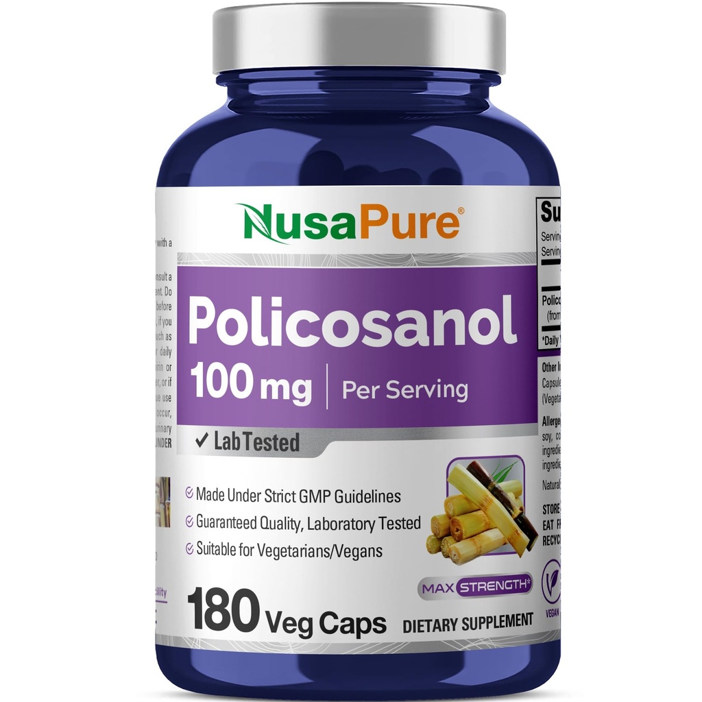 NusaPure Policosanol 100mg 180 Veggie Capsules (Vegan, Non-GMO)