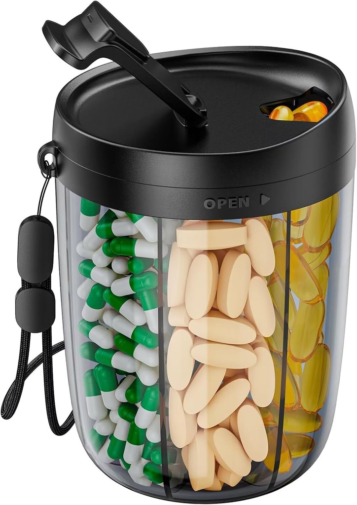 PULIV Grand organisateur de bouteille de pilule, organisateur de supplément pour la détention de 6 vitamines diverses, boîte de pilule Case avec anti-mixage et conception d'ouverture large, facile à récupérer Meds, comprend 20 Pcs Stick-on étiquettes