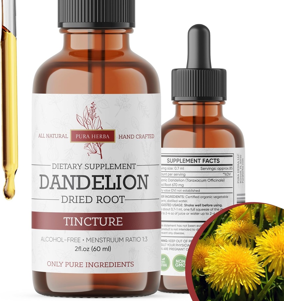 Dandelion Root Tincture 2 oz – Alcohol-Free Estratto di erbe – 670 mg per porzione – Glycerin-Based, Vegan, Non OGM, Non Aggiunto Zucchero – Dandelion Drops Liquid Supplement