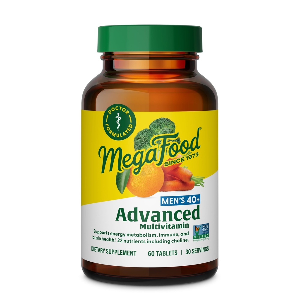 MegaFood Men's 40+ Advanced Multivitamin for Men - Dr-Formuliert - Choline, Vitamin B, Vitamin C, Vitamin D, Zink & Real Food - Gehirngesundheit, Immununterstützung - Vegetarisch - 60 Tabs (30 Portionen)