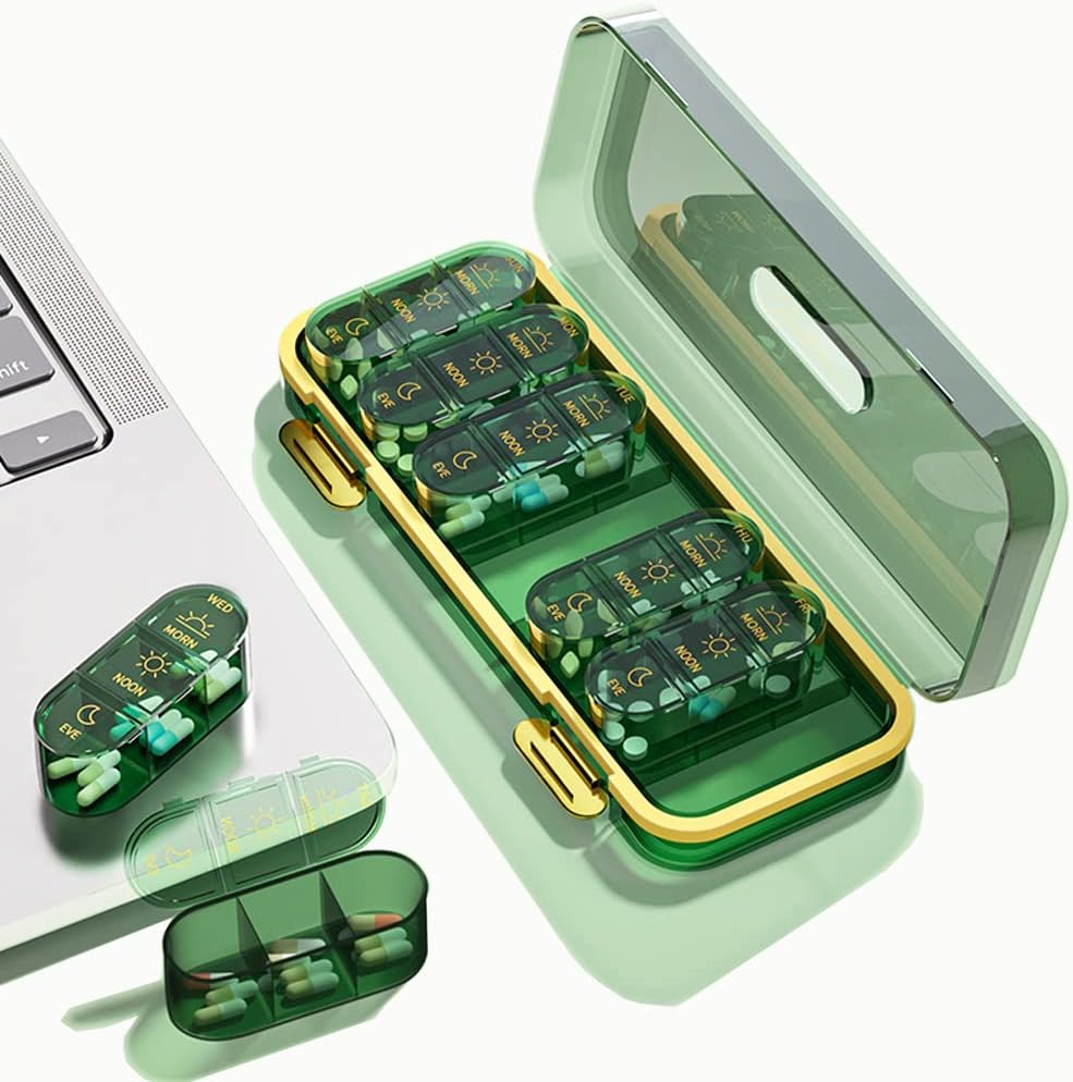 Weekly Pill Dispensers/Organizer , 3 Times A Day, 7 Day Pill Box/Container, Large Compartments Travel Moisture-Proof Medicine Case for Fish Oil Vitamins Pills (Transparent Green)