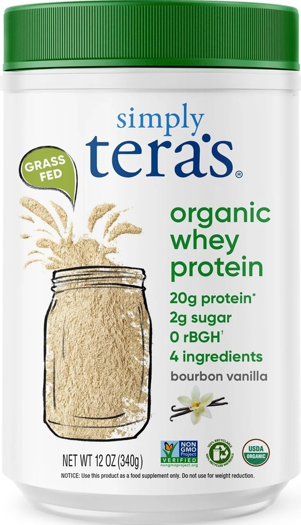 polvere di proteine del siero organico di tera - polvere di proteine del siero di Vanilla di erba Fed, pulita, fatta senza dolcificanti artificiali, non OGM, Kosher, rBGH-Free, Organic - 12 Oz.