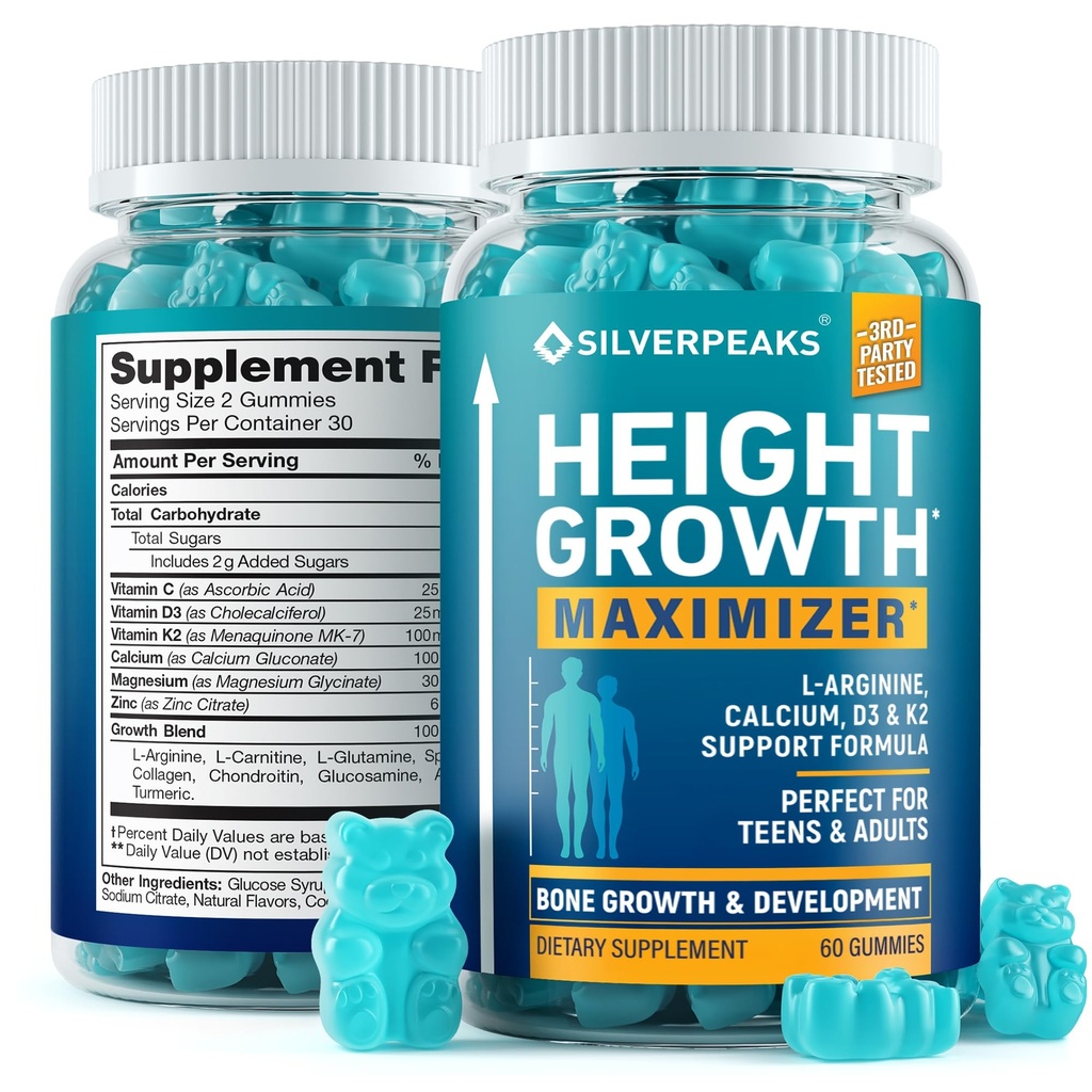 SILVERPEAKS Altezza di crescita Gummies per bambini, adolescenti e adulti - Altezza di crescita Maximizer Supplemento con Calcio, Vitamine D3 & K2, Magnesio, Zinco per Bone Forza & Altezza Aumentare - 60 Gummy Chews