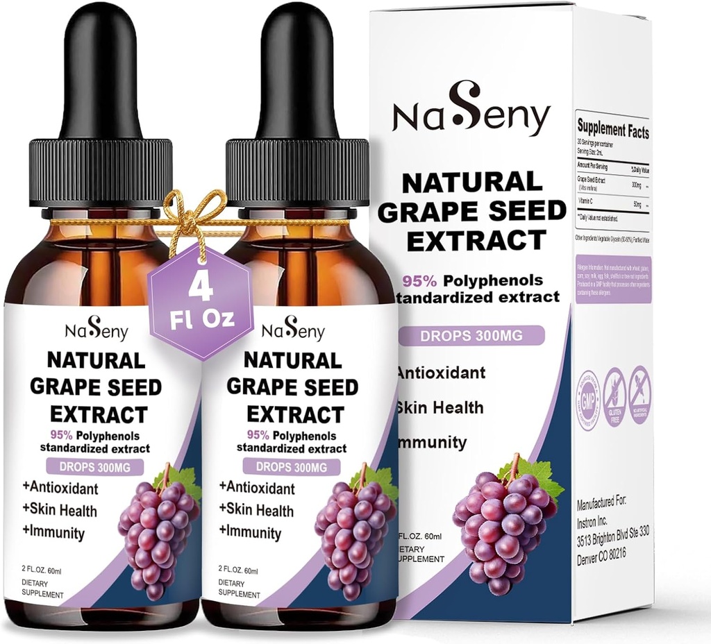 Extrait de graines de raisin Gouttes liquides normalisées à 95 % Polyphénols-300 mg Graines de raisin Concentration maximale Standardisé Teinture, Haute Absorption Vide liquide Gouttes d'extrait Vinifera - Non-OGM (2 bouteilles)
