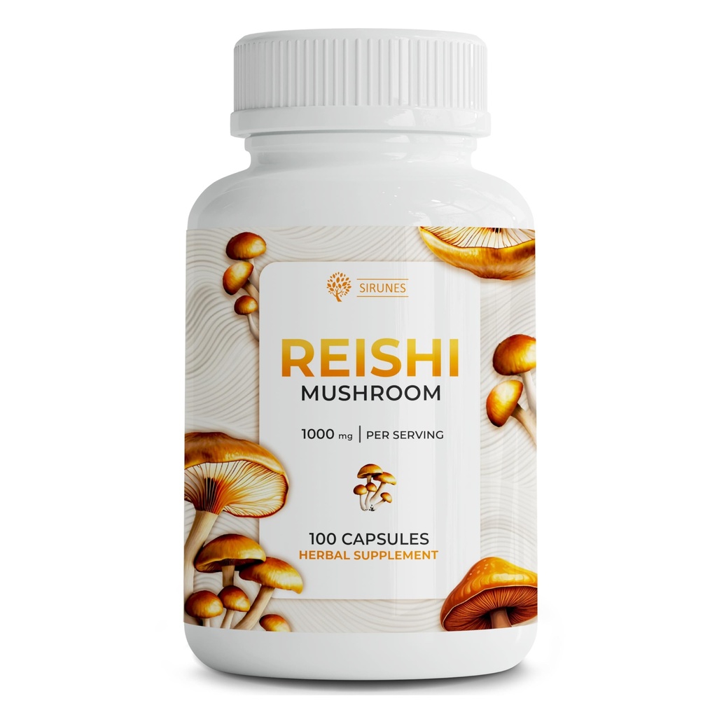 SIRUNES Reishi Capsules de champignons – Supplément de champignons Reishi 100-Count pour le stress et le soutien immunitaire – 1000mg Capsules de champignons Adaptogènes à haute résistance – Non-OGM et naturel
