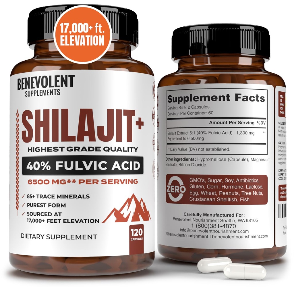 6.500mg Shilajit Supplemento con 40% Acido Fulvico (alto assorbimento) | Supplemento minerale Shilajit con 85+ minerali Trace per energia, prestazioni e salute immunitaria - 120 capsule