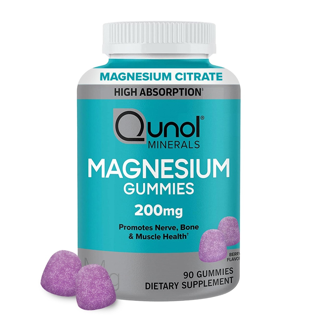 Qunol Magnesiumgummis für Erwachsene, 200mg Elemental Magnesium (ab 1.750mg Magnesium Citrat), Hohe Absorption Magnesium Supplement, unterstützt Nerve, Knochen und Muskel Gesundheit, Vegetarisch, 90 Zähler