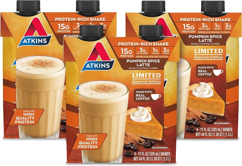 Atkins Pumpkins Spice Latte, 15g Protein, 3g Carbs Net, 1g Zucchero, Basso Glicemico, Keto Friendly, 12 Conte