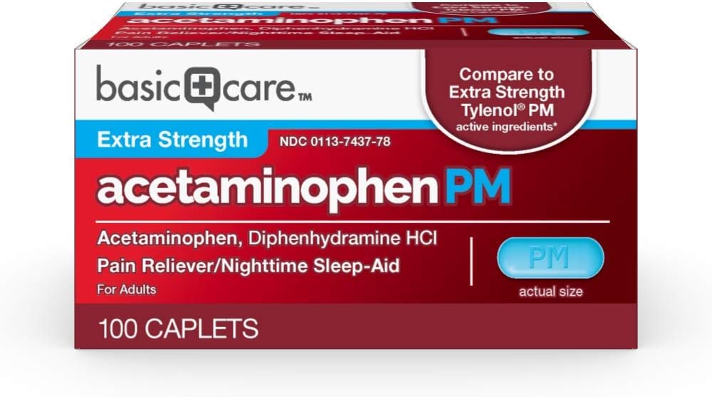 Basic Care Acetaminophen PM, Pain Reliever Plus Nacht-Schlafhilfe Caplet, 100 Count