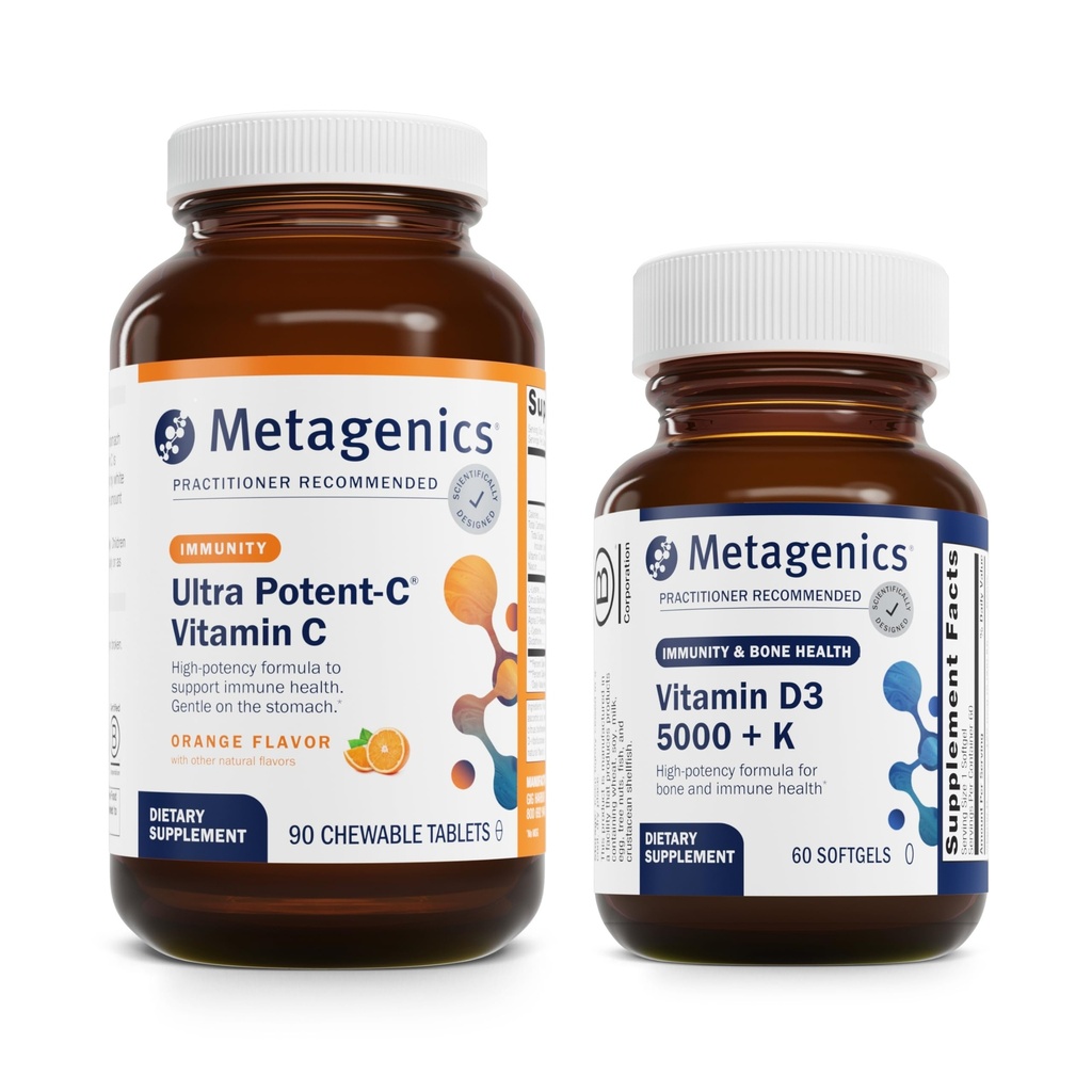 Metagenics Bundle - Ultra Potent-C Chewable & D3 5000 + K - 90 compresse di Ultra Potent-C Chewable per il supporto immunitario e antiossidante - 60 Softgels di D3 5000 + K per la salute immune, cuore e ossa