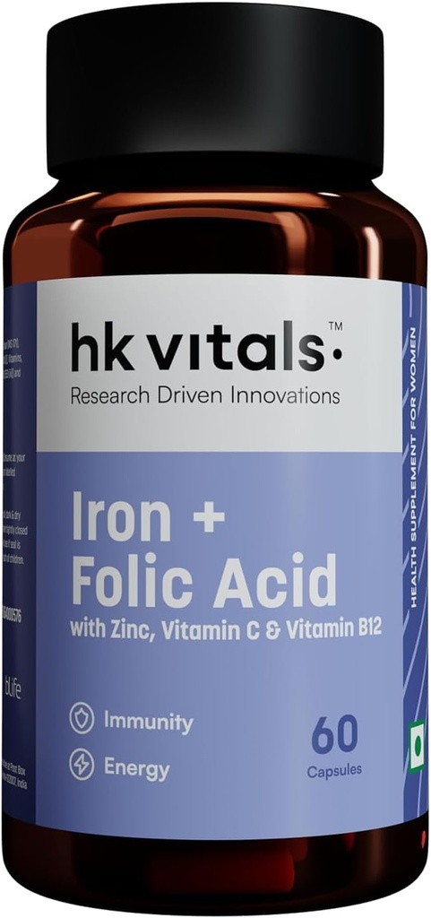 Innovations axées sur la recherche Fer + acide folique avec le zinc, vitamine C et supplément de vitamine B12 (60 capsules)