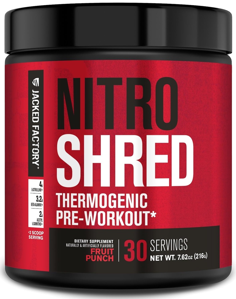 Jacked Factory NITROSURGE Shred Pre Workout Supplément - Booster d'énergie, gains de force instantanés, focalisation pointue, pompes puissantes - Booster d'oxyde nitrique et poudre de prétravail - 30Sv, punch fruit