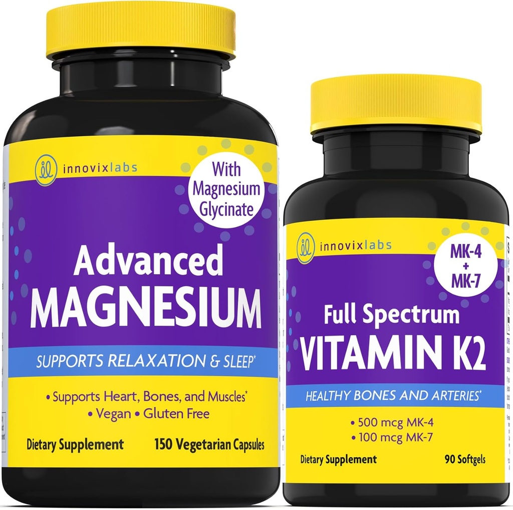 InnovixLabs Vitamin K2 & Magnesium Bundle Full Spectrum Vitamin K2 (90 softgels) Advanced Magnesium (150 Time-Release Capsules). Supporta sane ossa e arterie. *