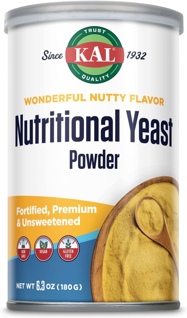 KAL Nutritional Yeast Powder, Fortified with B6, B12, Folic Acid and Other B Vitamins, Premium und Unsweetened, Great Nutty Flavor, Vegan, Gluten Free, Non-GMO, 60-Day Garantie, 20 Servierungen, 6.3oz