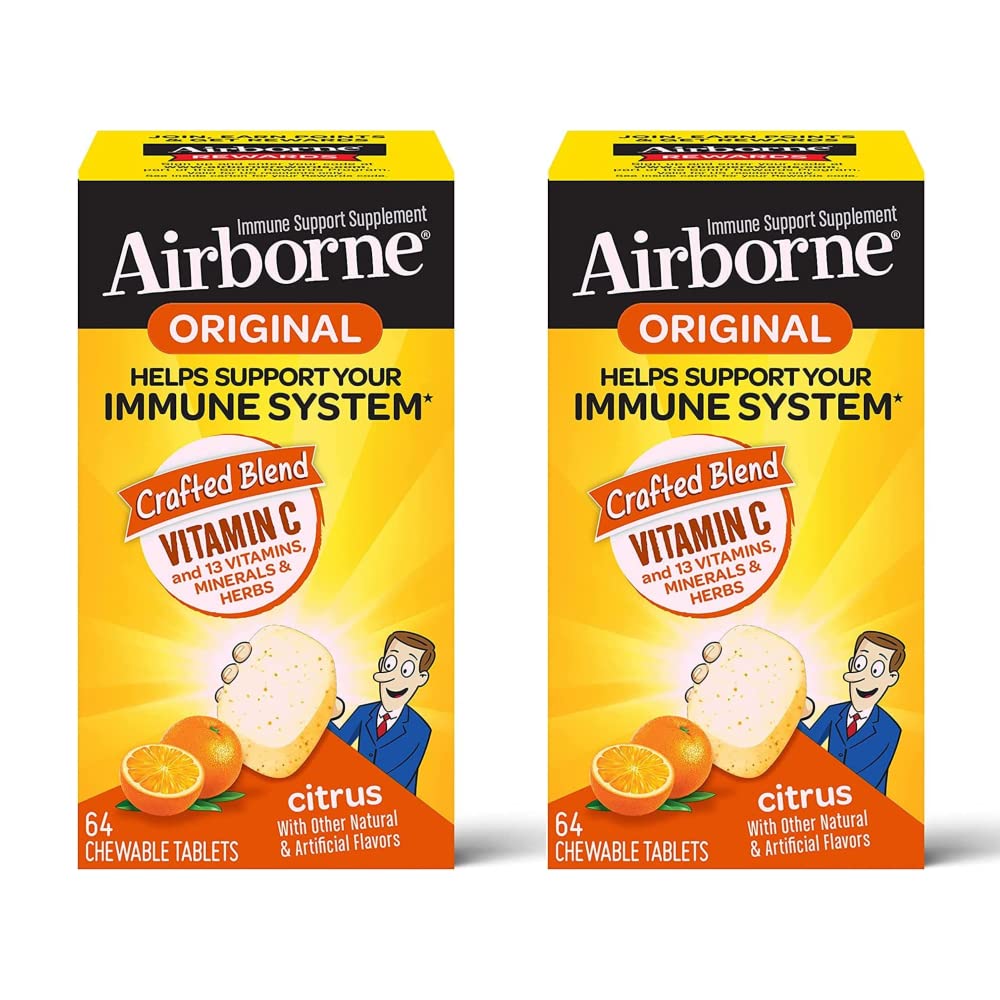 Vitamine C aéroportée 1000mg (par portion) - Comprimés à croquer d'agrumes (64ct/Box), Supplément de soutien immunitaire sans gluten, Vitamines A C E, ZINC, Sélénium, Echinacea, Ginger, Antioxydants (2-Pack)