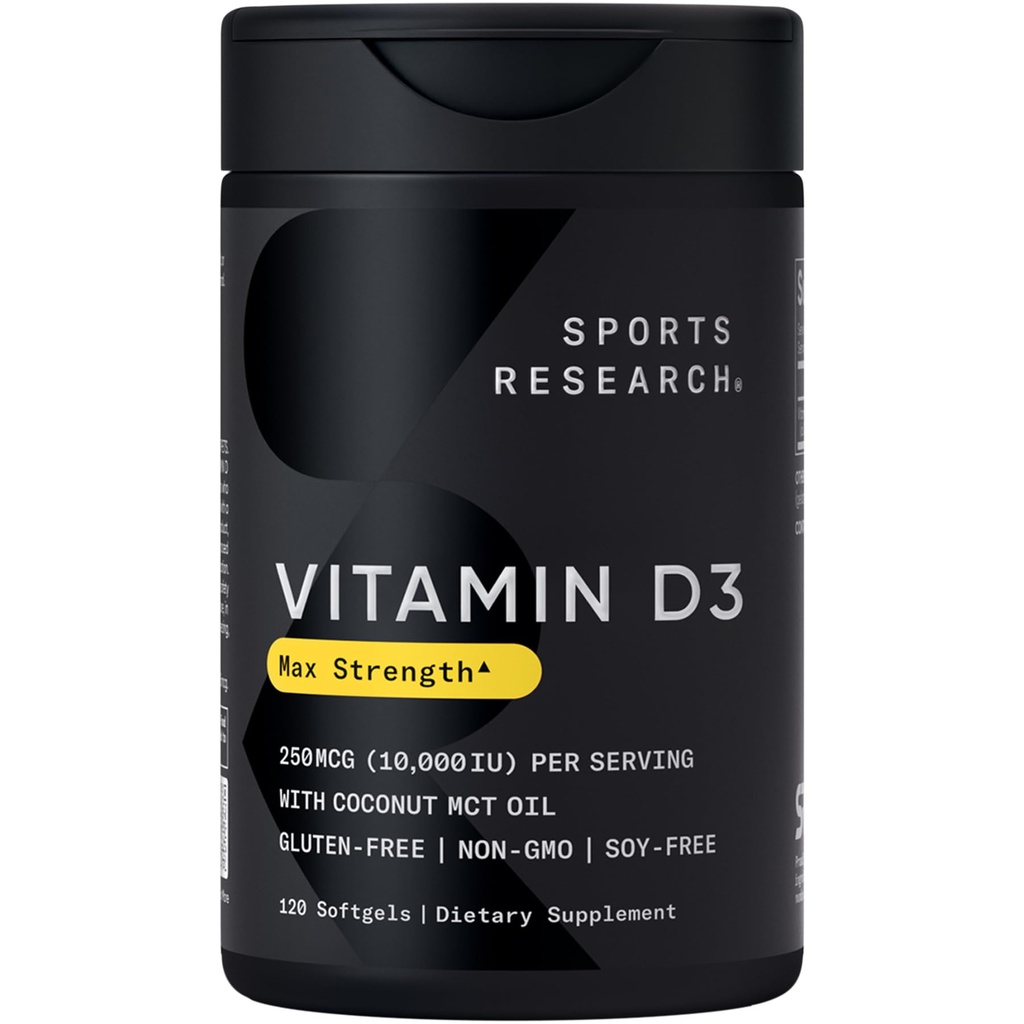 Sportforschung 10.000 iu Vitamin D3 Nahrungsergänzung mit Bio Kokosöl - Vitamin D für starke Knochen & Immungesundheit - Unterstützt Calciumabsorption - Non-GMO - 250mcg, 120 Mini Softgel für Erwachsene