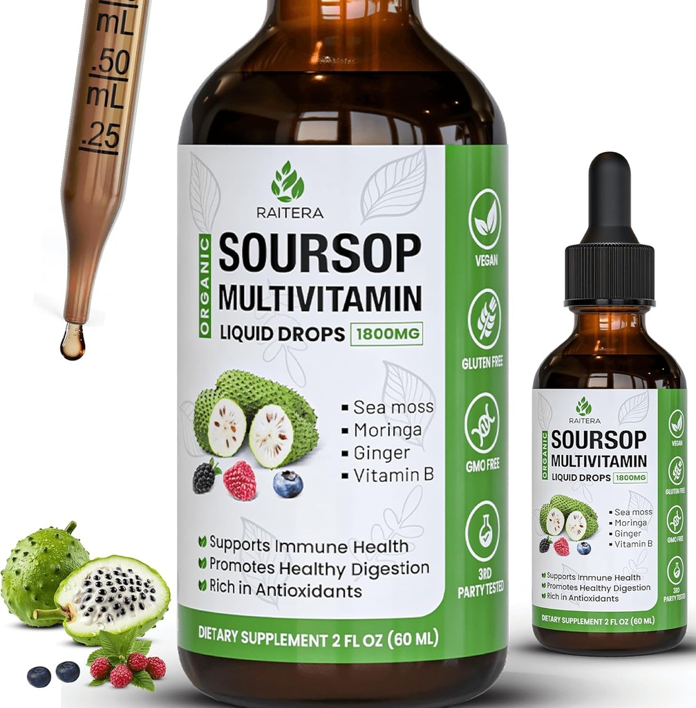Soursop Graviola Multivitamin Liquid Drops 1800mg, Organic Soursop Bitters Liquid, Antiossidante Blend Sea Moss, Vitamina B6, C, D3, Pure Leaf Extract, Immunity Support, 98% Absorption, Vegan, 2 fl oz