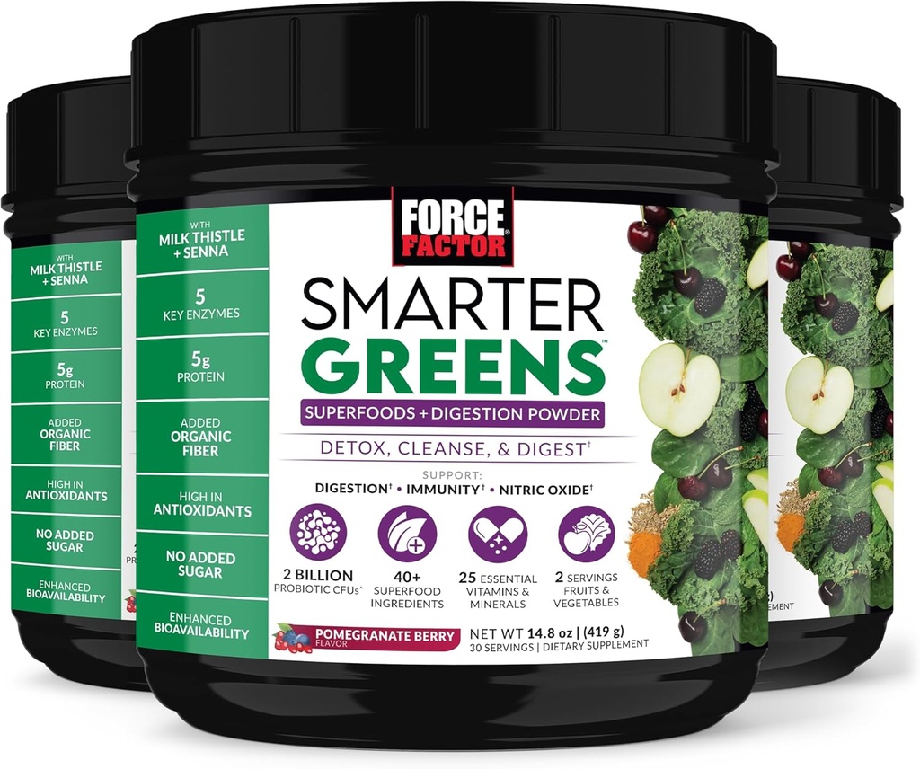Fattore di Forza Smarter Greens Superfoods + polvere di digestione, 3-Pack, polvere di verdi con 2 miliardi di probiotici, enzimi digestivi e antiossidanti per disintossicare, pulire e sostenere l'immunità, 90 Servings
