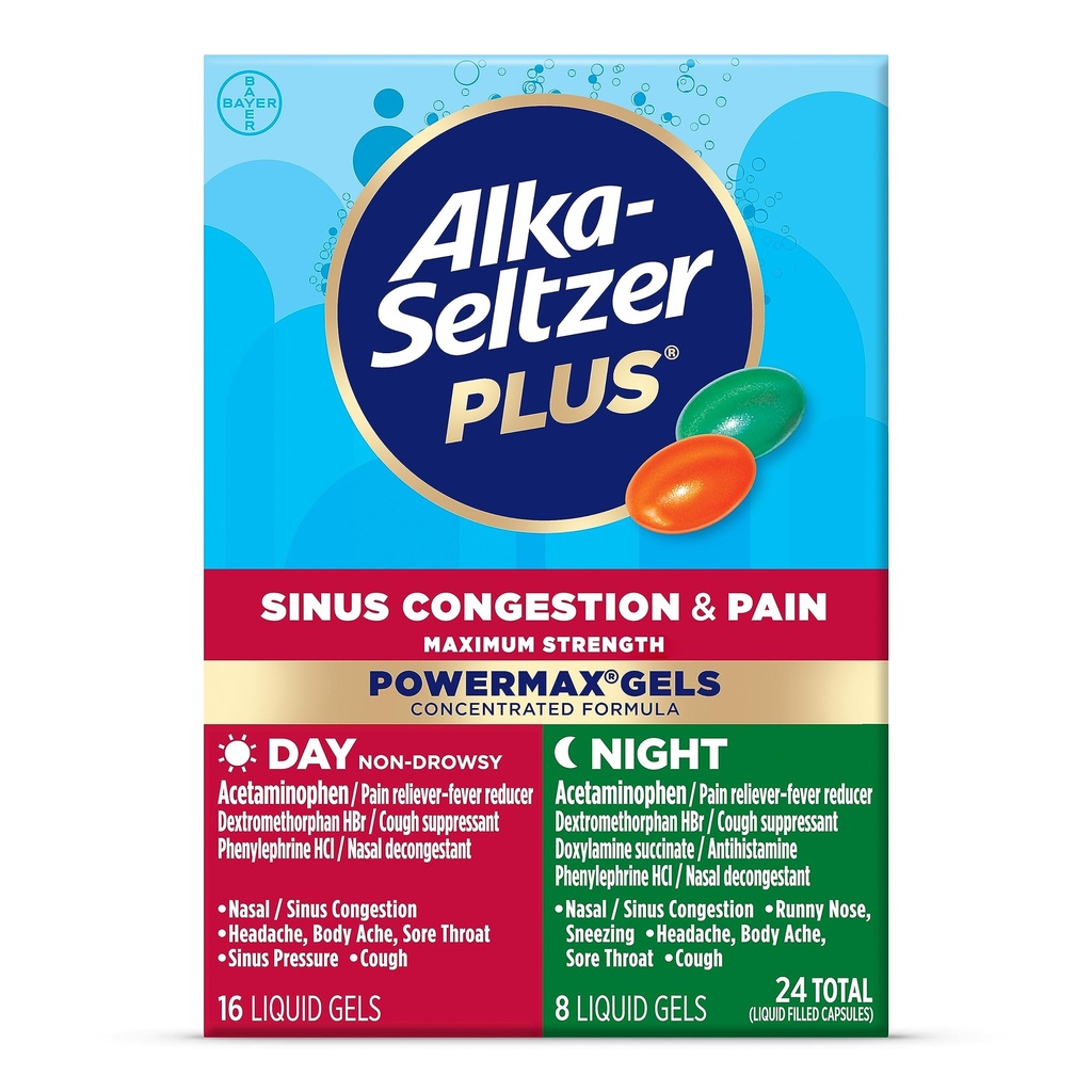 Alka-Seltzer Plus Puissance maximaleMax Sinus Congestion & Pain Médecine, Jour + Gels liquides de nuit - Un soulagement puissant pour le froid et la grippe, + Congestion de Sinus pour les adultes et les enfants 12+ Années, 24 Nombre